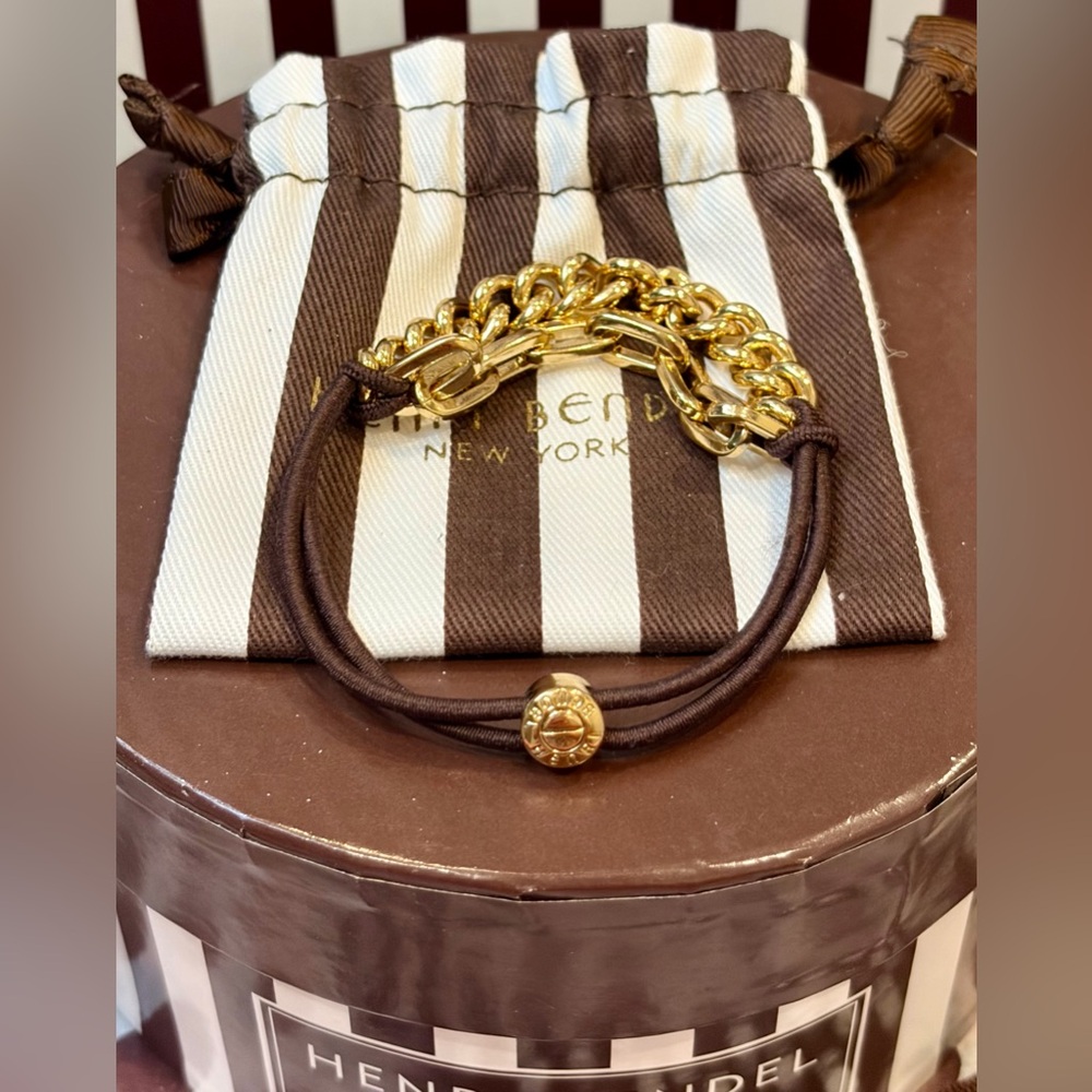 NWOT HENRI BENDEL Stretch Bracelet and/or Ponytail Gold-Toned Spellout Accessory - Picture 9 of 11
